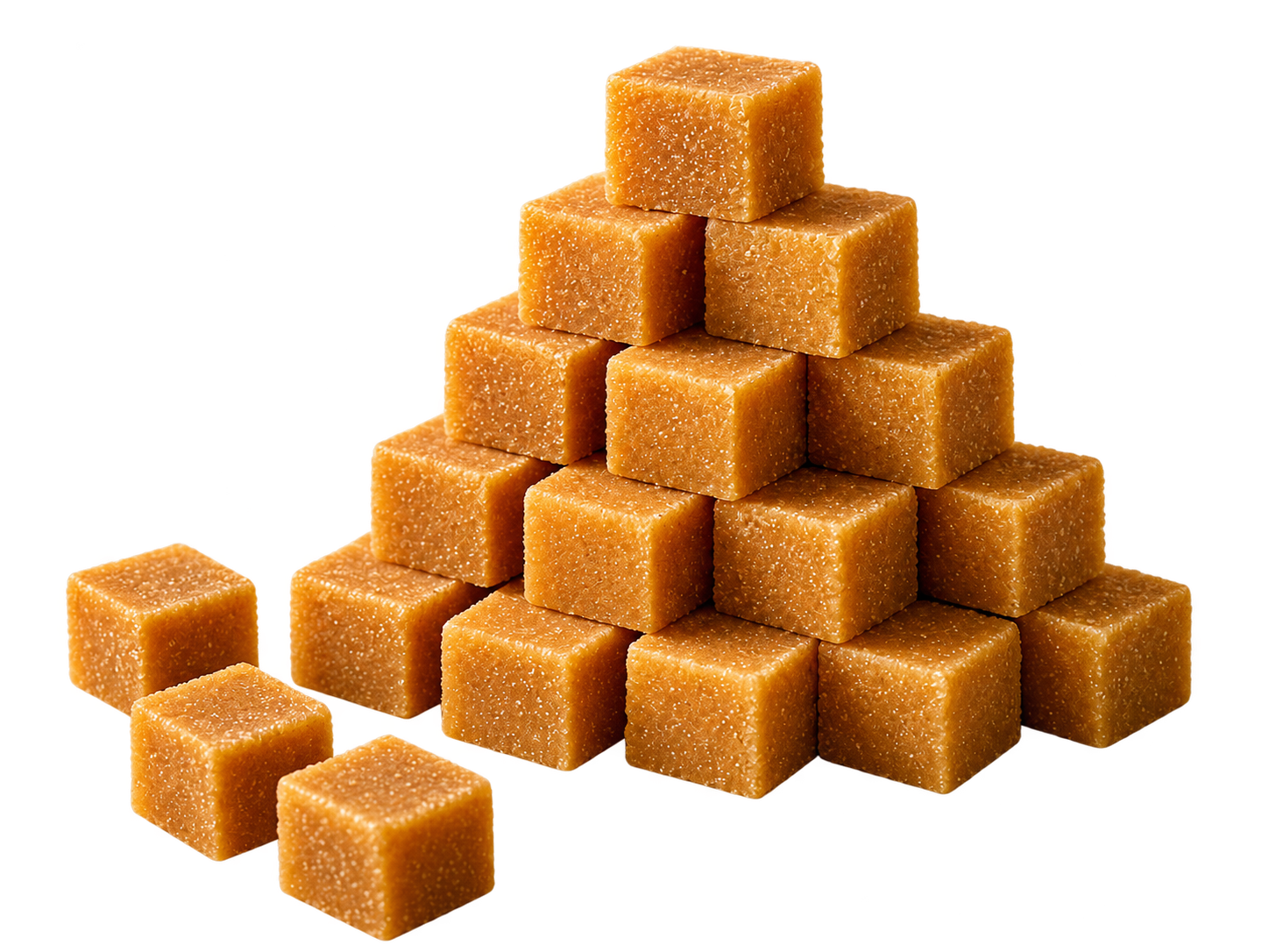 A stack of golden-amber jaggery cubes