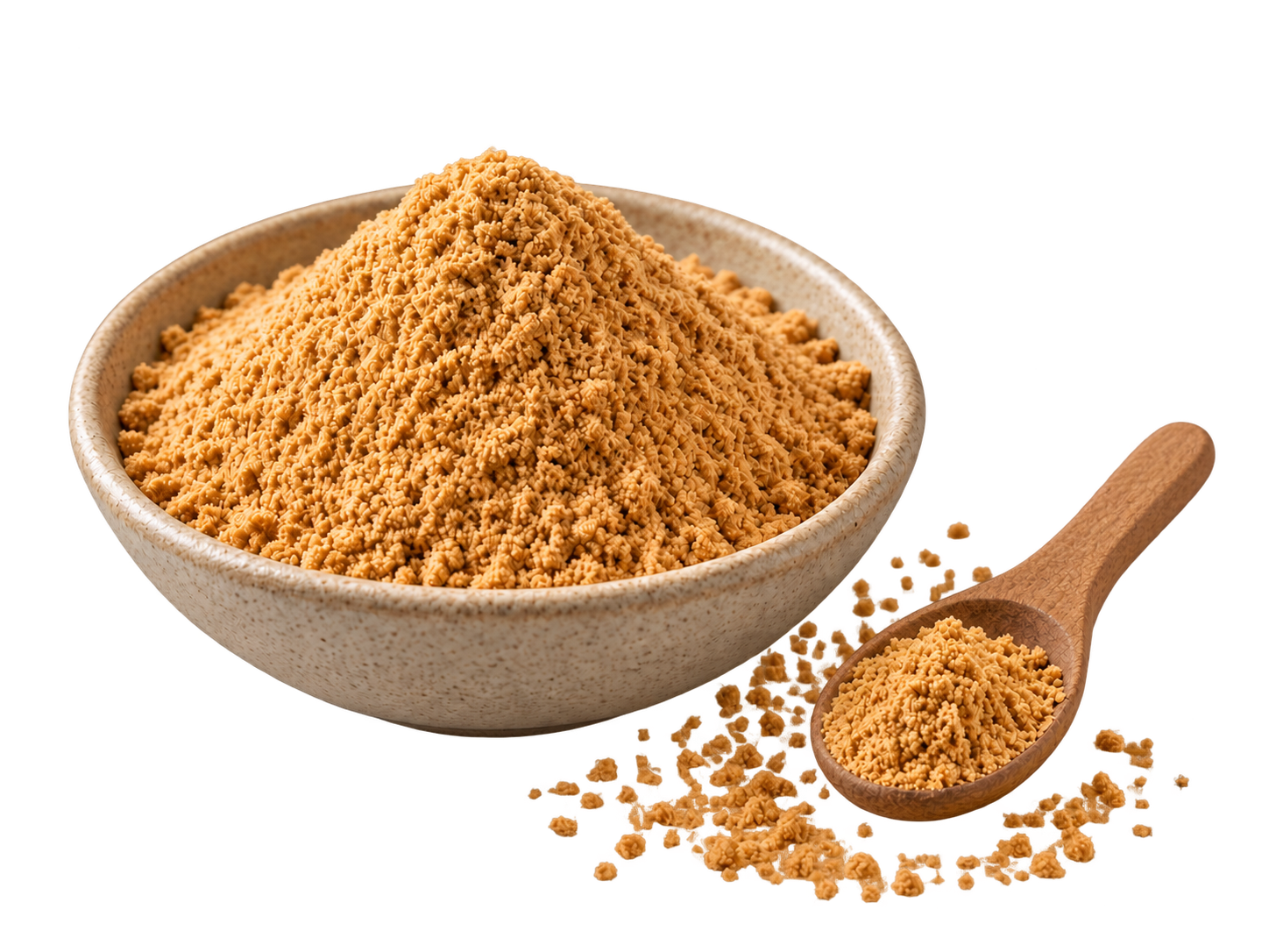 A bowl of fine golden jaggery powder with a wooden spoon